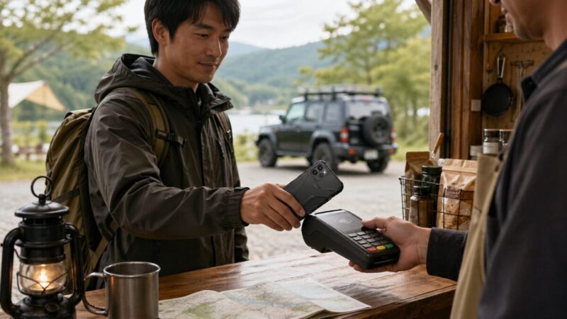 キャンプ場近くの売店でスマートフォンを使って非接触決済をするイメージ
