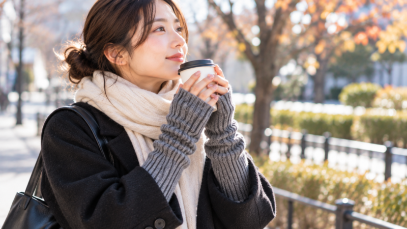 冬の街中でアームウォーマーを着用して温かい飲み物を持つ女性