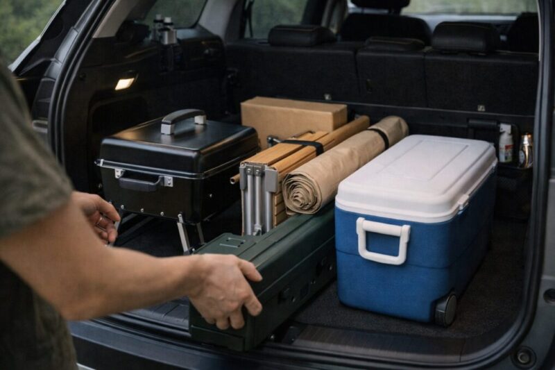 車にBBQグリルやアウトドア用品を積み込んでキャンプへ向かう準備シーン