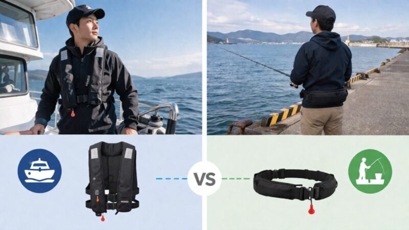 船釣りの義務と岸釣りの推奨を比較したライフジャケット図解