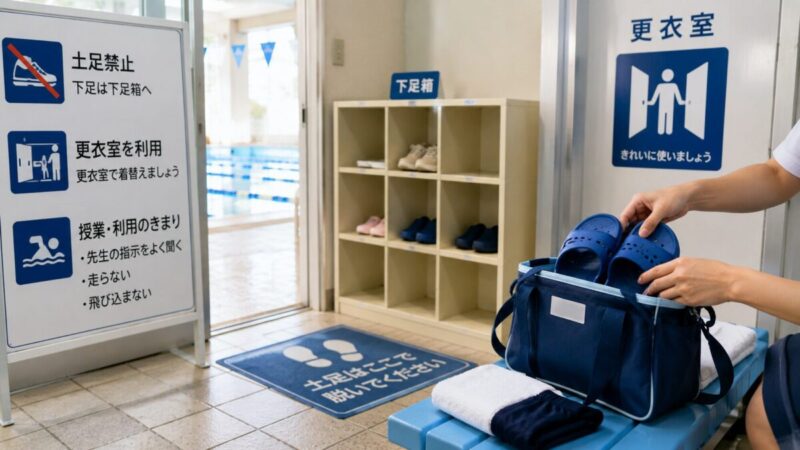 子ども用のサンダルに防水シールを貼り、水泳バッグとタオルを準備する手元