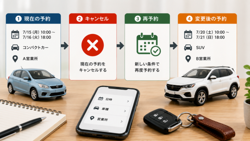 レンタカーの予約をキャンセルして日時・車種・営業所を変更し再予約する流れ