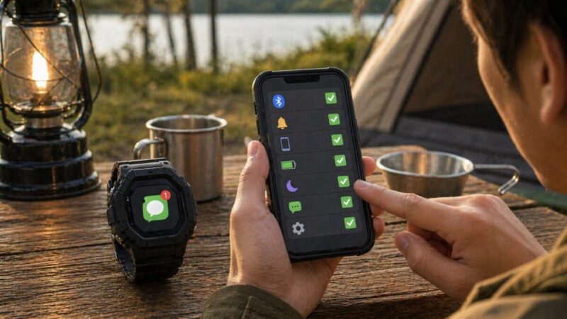 キャンプ場でスマホの通知設定を確認しながらスマートウォッチの通知トラブルを見直すイメージ