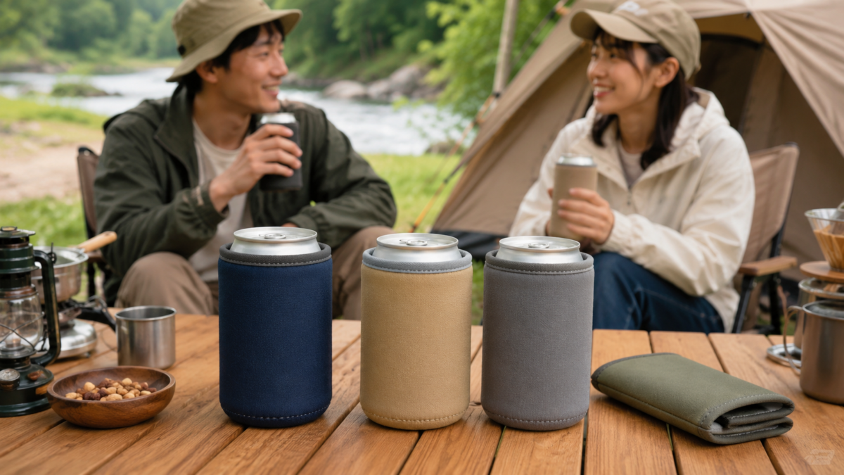 キャンプテーブルに並べた色違いの布製缶ホルダーと折りたたみカバー