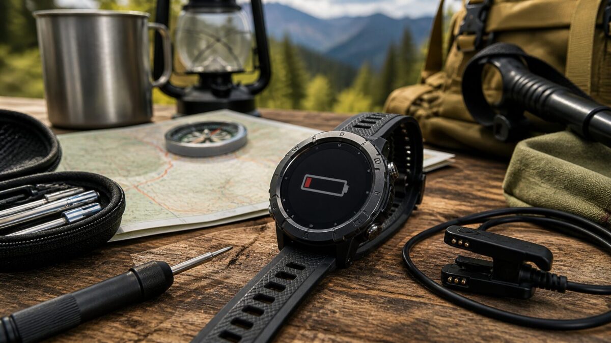 アウトドア用スマートウォッチと登山地図、充電ケーブルを並べたバッテリー交換のイメージ画像。