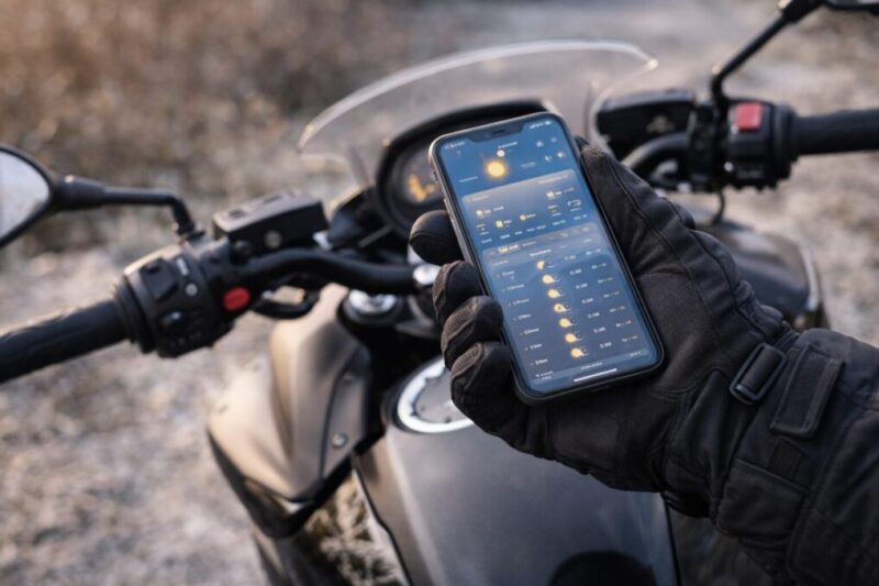 出発前に天候や路面状況を確認し、安全に走れる装備を整えるイメージ