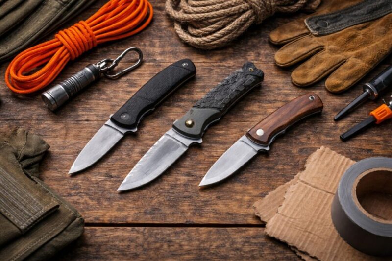 用途別に選べるよう、特徴の違う折りたたみナイフを並べて比較している俯瞰イメージ