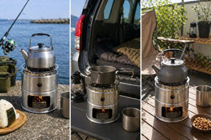 釣り場や車中泊やベランピングで小型かまどを使って湯沸かししている外遊びシーン