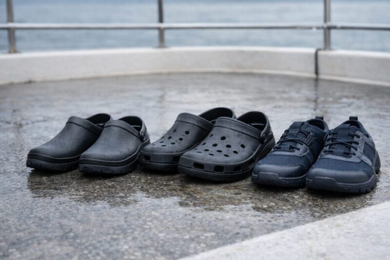 船釣り向けの防滑靴とクロッグ型と水陸両用シューズを比較するイメージ