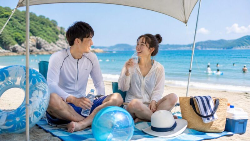 海遊びの途中に日陰で水分補給をして休憩するカップル