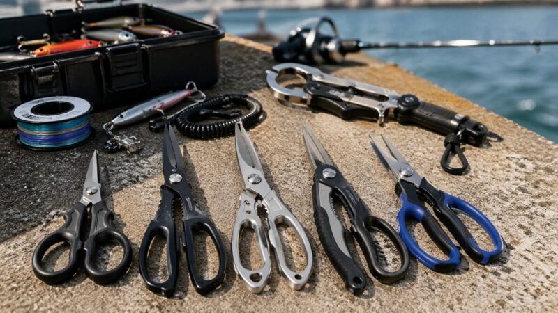 堤防でPEラインのスプールや釣り道具のそばに、複数の釣り用ハサミを並べて比較している様子。