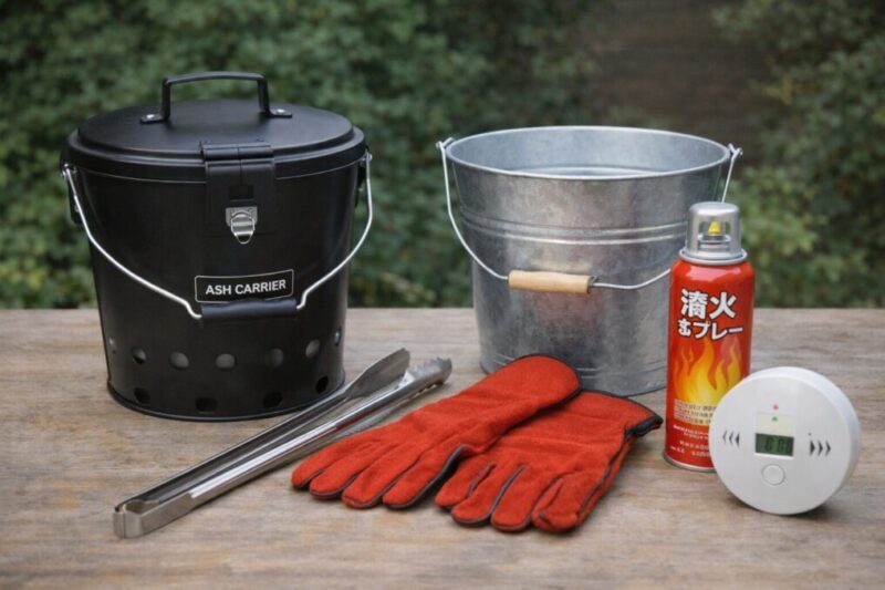 庭バーベキュー後の安全な片付けに使う道具一式