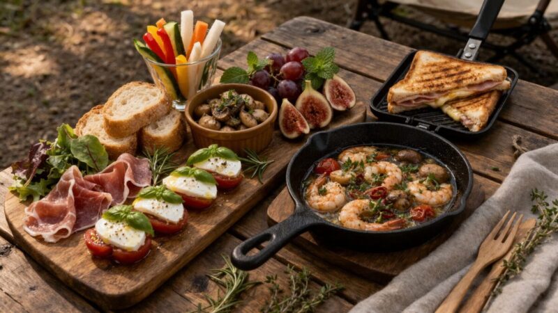 初心者でも作りやすいホットサンドやアヒージョなどの簡単アウトドア料理。