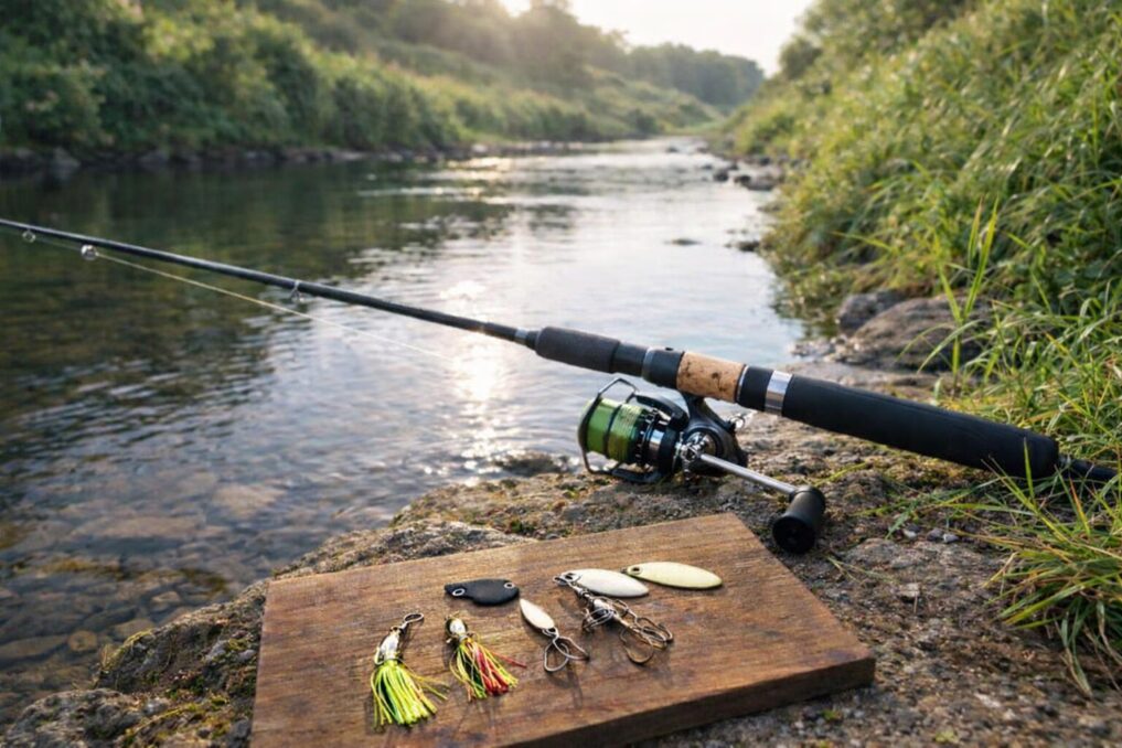小河川の岸辺でスピナー系ルアーと小型タックルを並べた、初心者向けの釣り準備風景