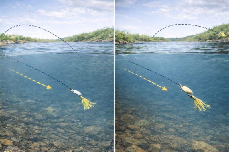 軽量と重めのスピナー系ルアーを比較して使い分けを示したイメージ
