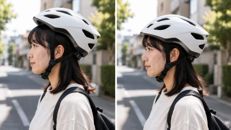 浅く後ろへ傾けた状態と水平に着用した自転車ヘルメットの比較