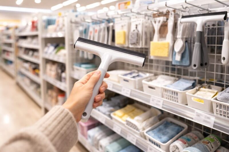 掃除用品売り場で結露取りワイパーを手に取り、棚を見比べて選んでいる様子