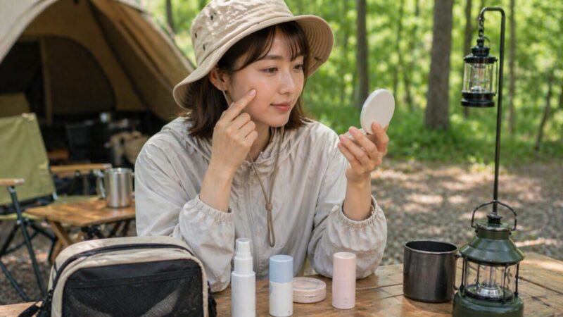 キャンプ場で顔用日焼け止めの仕上がりを鏡で確認している様子