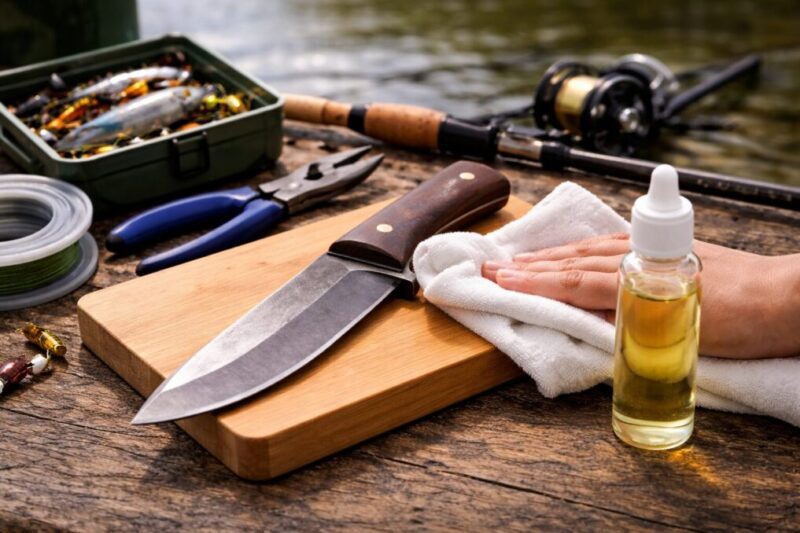 釣りやキャンプの後に洗浄して拭き取り、防錆オイルで手入れしているイメージ