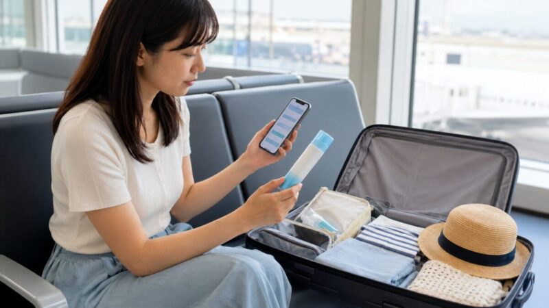 国内線へ持参する冷却スプレーの条件を航空会社の案内で確認する旅行者