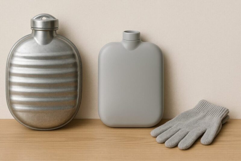 金属製とプラスチック製の湯たんぽを並べた素材比較イメージ