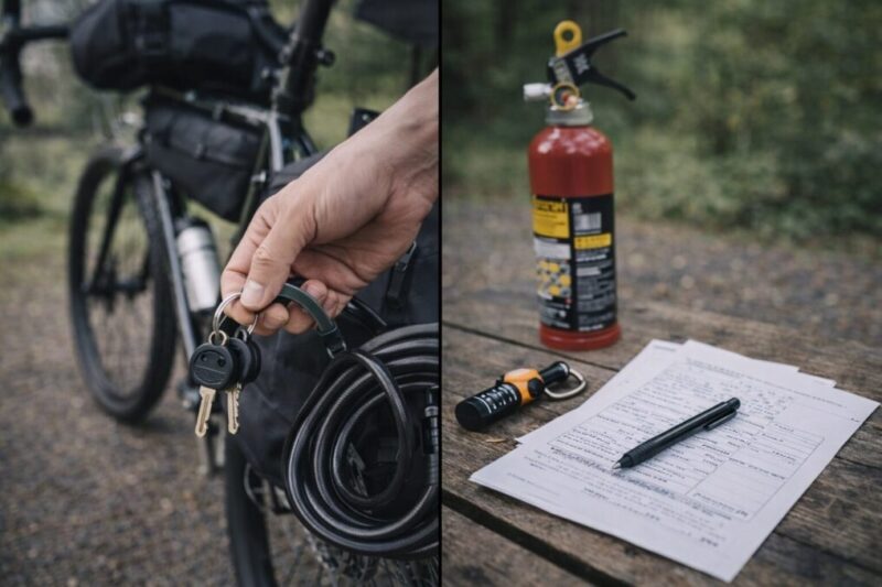 盗難対策と安全対策を意識して準備する自転車キャンプのイメージ