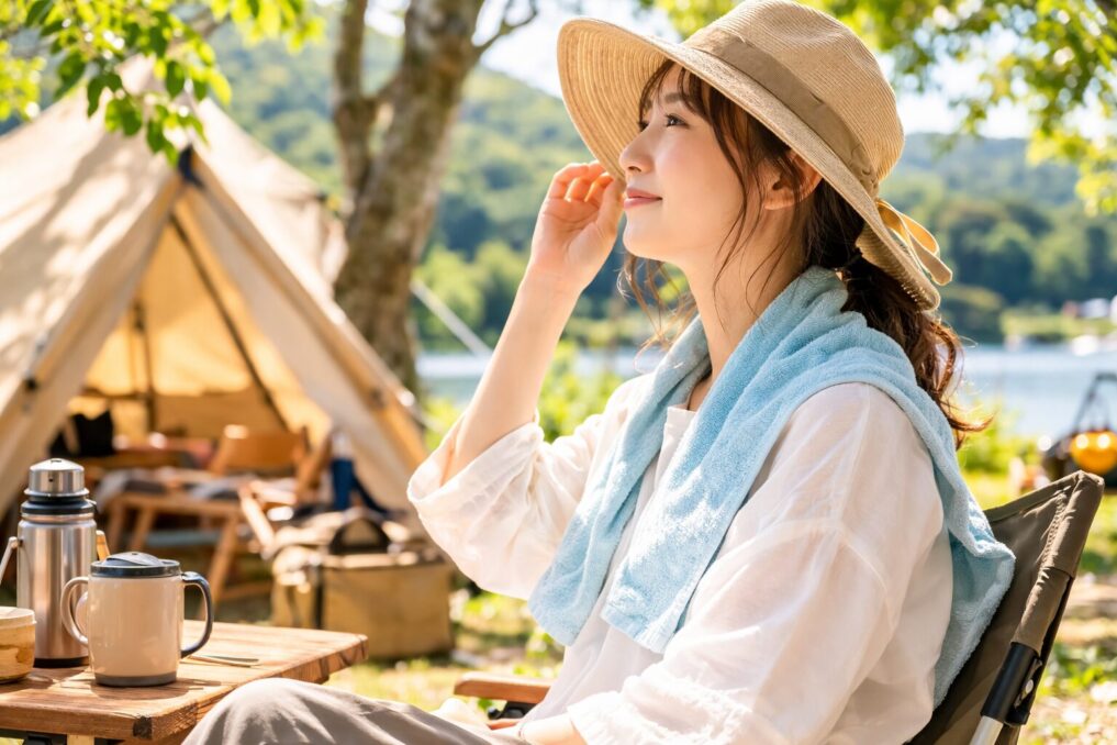 夏のキャンプ場で首と肩を淡いブルーの紫外線対策タオルで覆うアウトドアスタイル