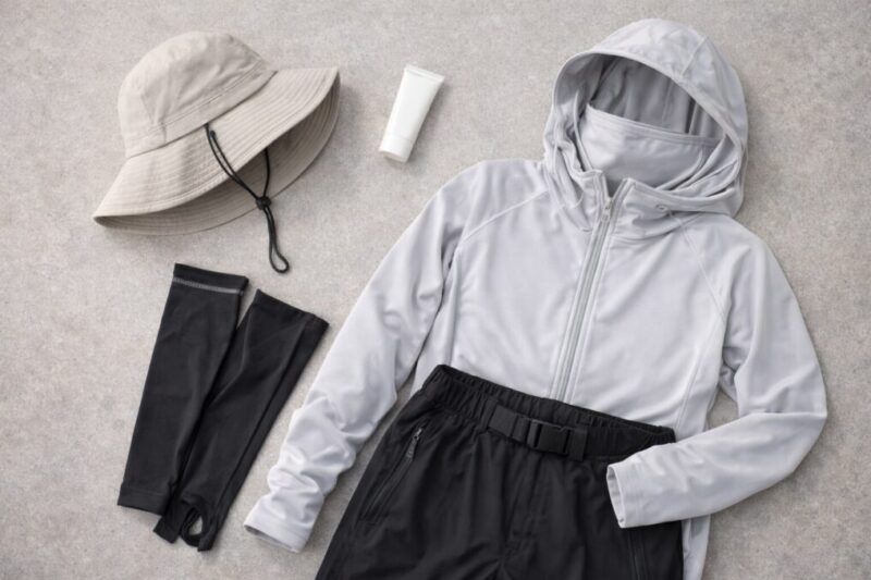 帽子や長袖、アームカバーなどを一式で揃えた紫外線対策コーデの並べ置き