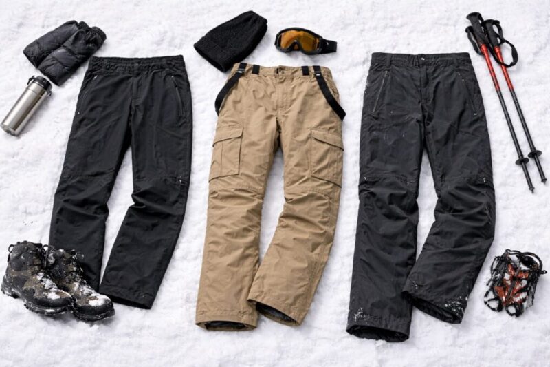 雪上で使うパンツを種類別に並べて下半身の濡れ対策を比較するイメージ