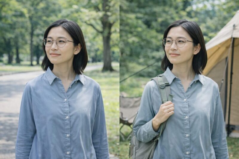 散歩道とキャンプ場の場面で、薄色レンズのメガネを自然に身につけた着用イメージ