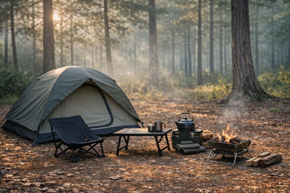 荷物をコンパクトにまとめたソロキャンプ装備一式のイメージ