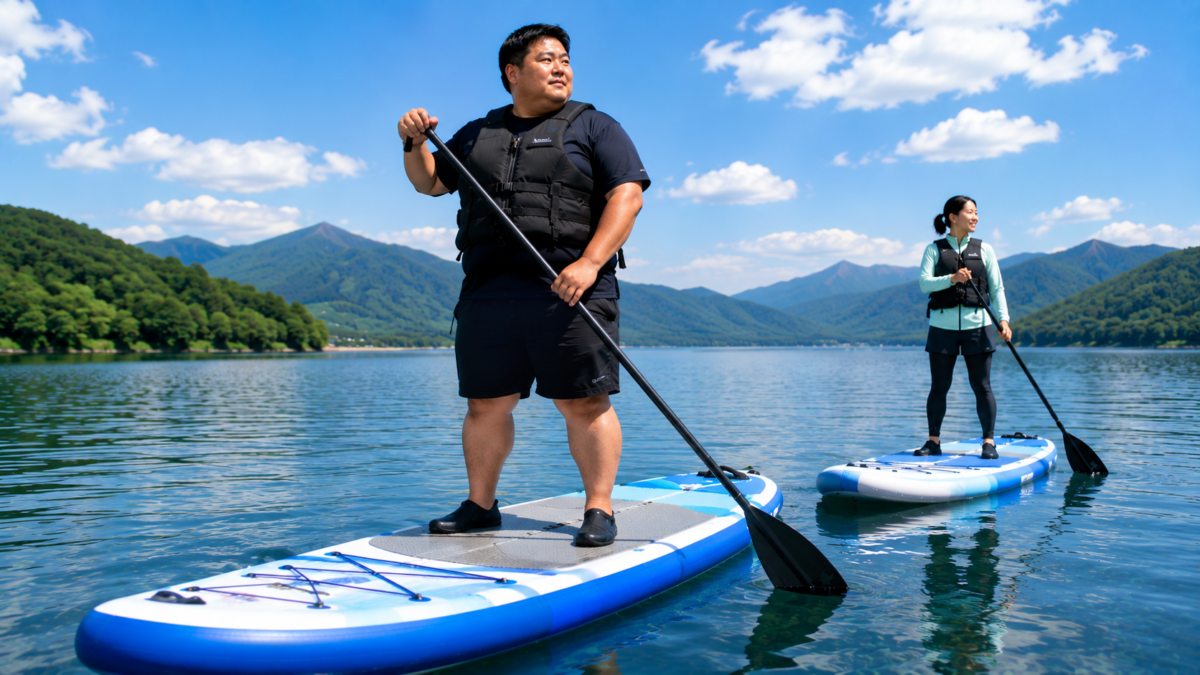 体格の大きい利用者が高耐荷重を意識した幅広SUPで湖を楽しむ様子