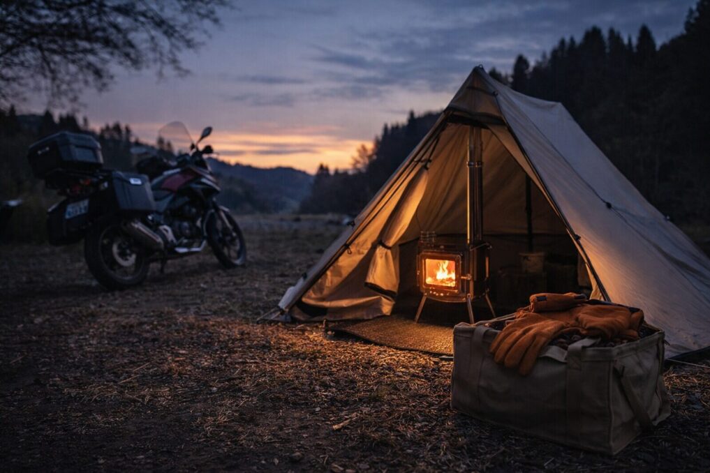 バイクとソロテントの横で小型薪ストーブを灯し、夕暮れのキャンプサイトを暖かく照らしている様子