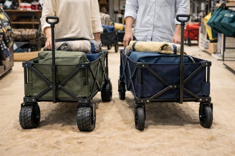 限定カラーのキャリーカートを選んで比較している様子