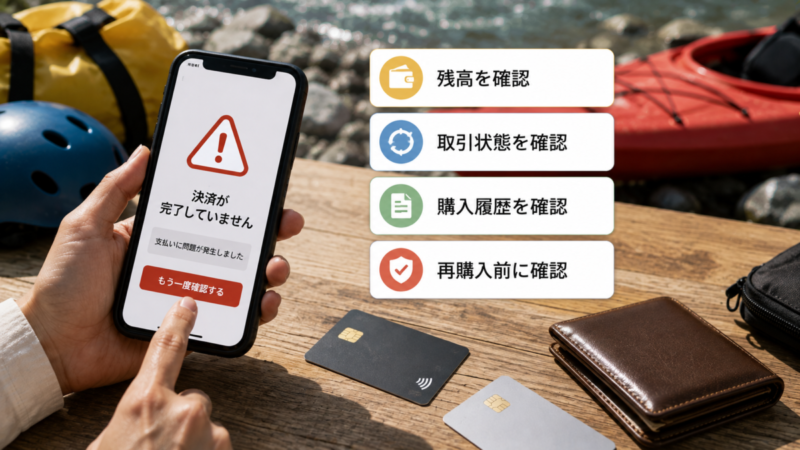 決済エラー時に残高や取引状態、購入履歴を確認する様子