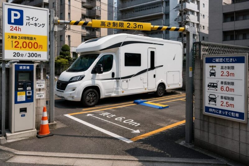 コインパーキングでキャンピングカーの高さ制限と駐車枠の長さを確認している様子