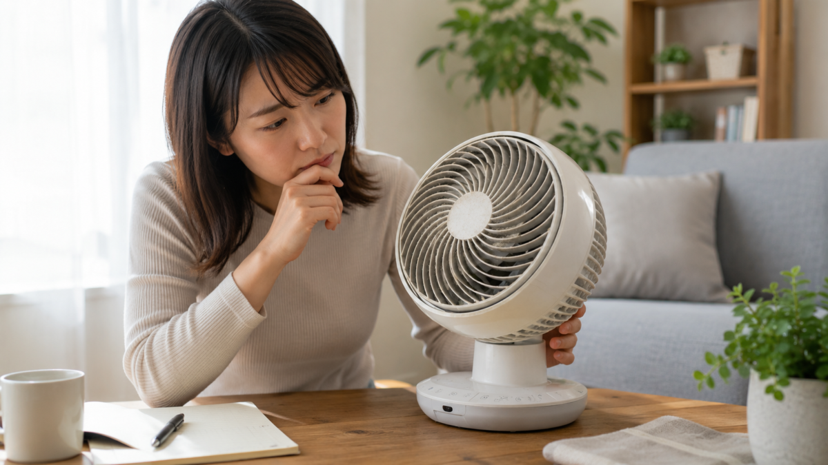 長く使ったサーキュレーターの状態や寿命を確認する女性