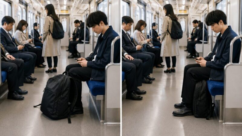 電車内でリュックを通路側に置いた場合と足元に寄せた場合を比較する様子