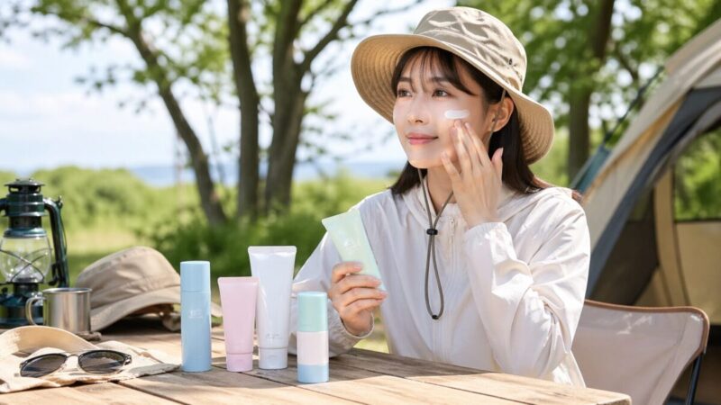 キャンプ場でスティック・クリーム・トーンアップの日焼け止めを使い分けるイメージ