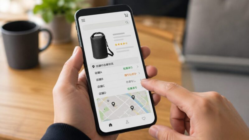 スマートフォンの商品画面で近隣店舗の在庫状況と地図を確認している手元