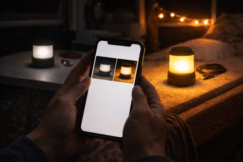 車中泊用100均ライトの満足点と不満点を調べながら比較しているイメージ