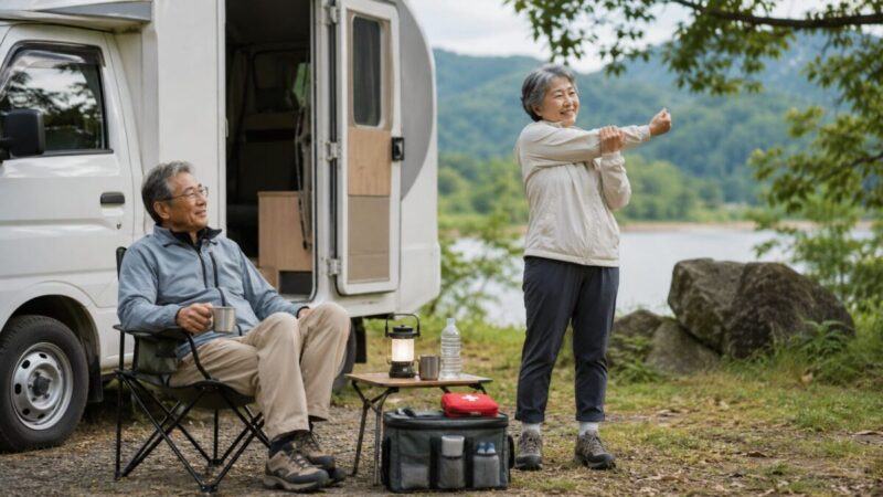 湖畔のキャンプ場でシニア夫婦がキャンピングカーの横で休憩しながら旅の準備を整えている様子
