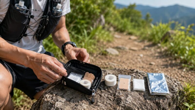 山道でランニングベストを着た人が薄型救急ポーチと絆創膏、テープ、ガーゼを確認している様子