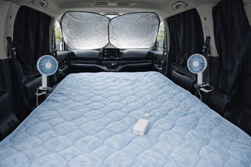 冷房だけに頼らず遮熱や送風を組み合わせた夏の車中泊対策グッズ。