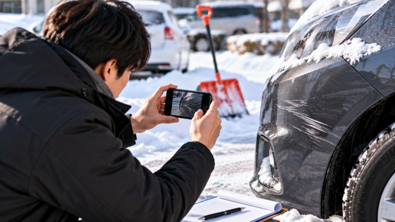 雪かき後についた車の傷をスマートフォンで撮影して記録する男性