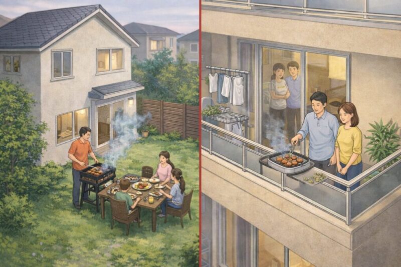戸建ての庭とベランダや専用庭の違いを示した比較イメージ