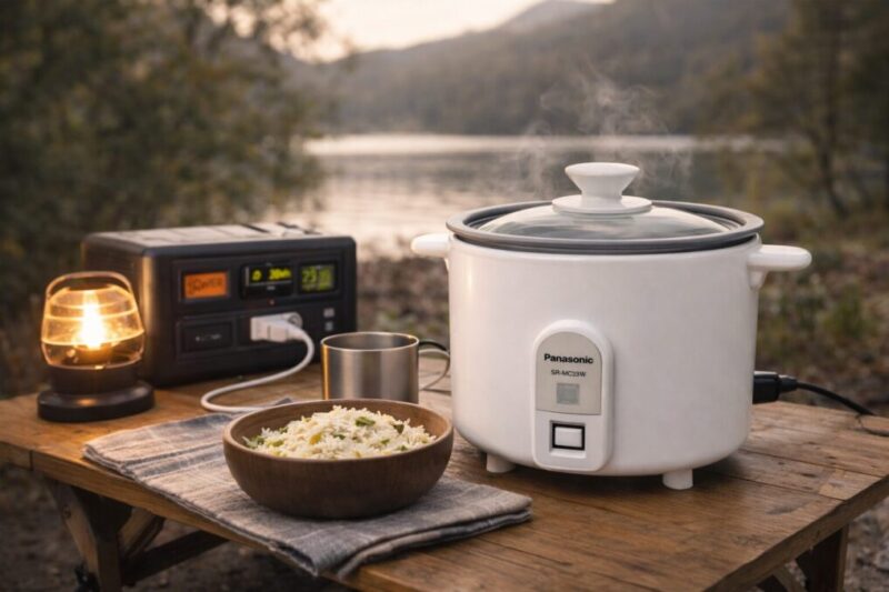 湖畔のアウトドアテーブルに置かれた小型炊飯器と食事セットのイメージ