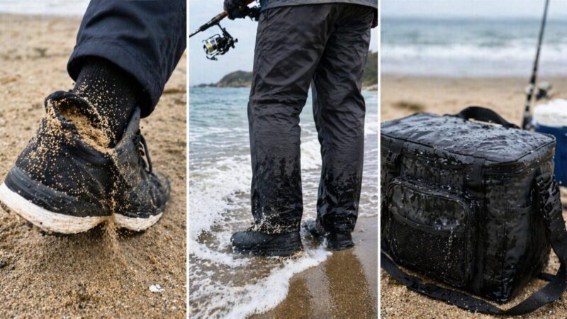 代用品使用時に起こりやすい砂の侵入と裾の濡れと荷物の水濡れ