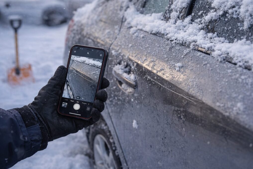 雪かき後に車の傷を見つけて記録しているイメージ