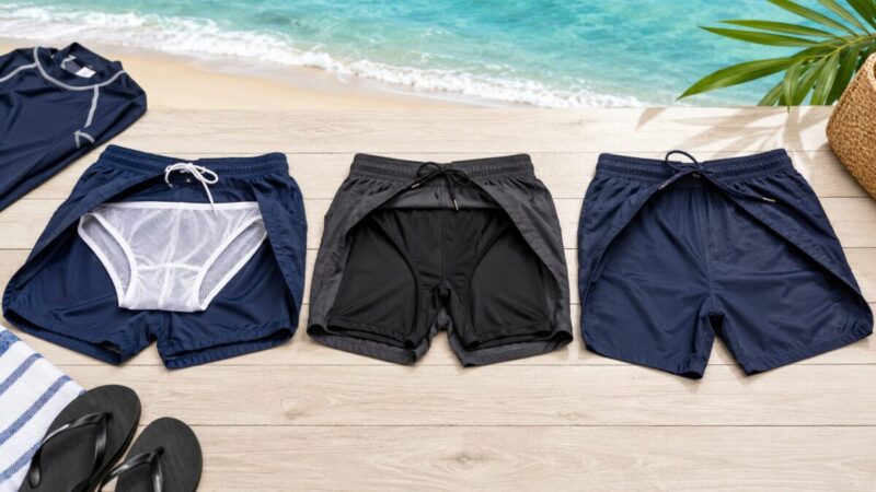 メッシュブリーフ付きとボクサー型インナー付きと別体インナーなしの海パンを比較した様子